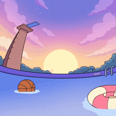 Cartoon Swimming Pool With Basketball And Float GIF