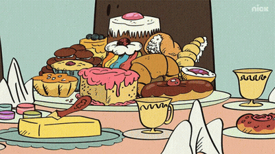 Cartoon Table Of Desserts With Nick Logo GIF