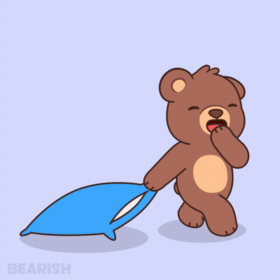 Cartoon Teddy Bear Carrying Blue Pillow With Word Bearish GIF