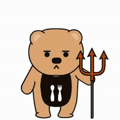 Cartoon Teddy Bear Holding Trident Says I'm Hungry GIF