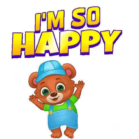 Cartoon Teddy Bear In Overalls And Blue Hat Saying I'm So Happy Sticker