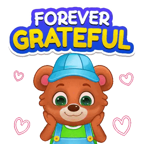 Cartoon Teddy Bear With Blue Hat And Overalls Saying Forever Grateful Sticker