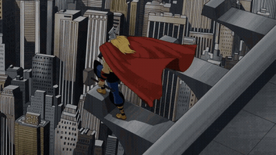 Cartoon Thor Holding Hammer Over City GIF