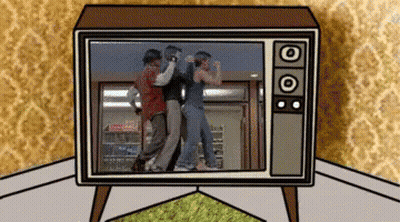 Cartoon Three People Dancing On TV Screen GIF