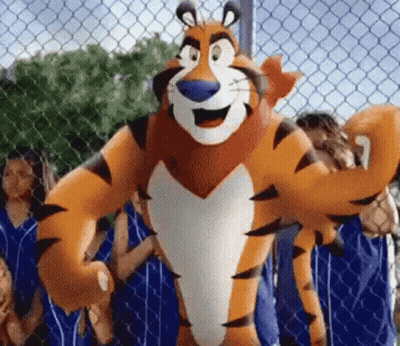 Cartoon Tiger In Front Of Chain Link Fence With Children GIF