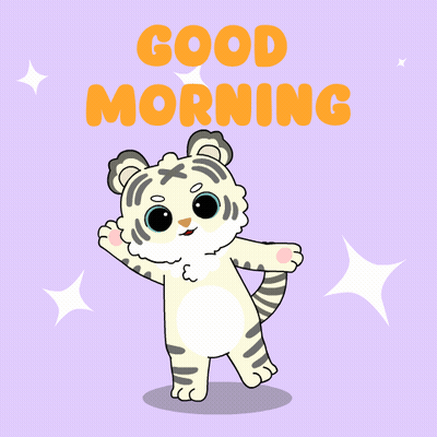 Cartoon Tiger Saying Good Morning On Purple Background GIF