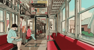 Cartoon Train People Sitting Man Standing Next To Woman Reading Book GIF