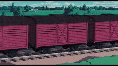 Cartoon Train With Pink Boxes On Tracks GIF