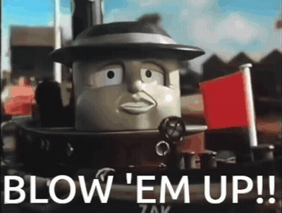 Cartoon Train With Red Flag Saying Blow Em Up GIF