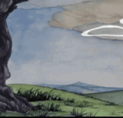 Cartoon Tree In Field With Mountains And Lightning GIF