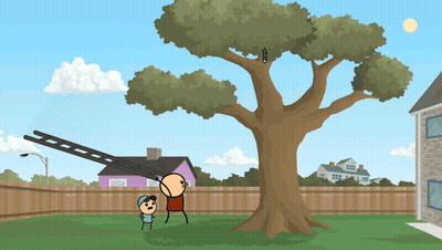Árbol caricatura con escalera colgando de él GIF