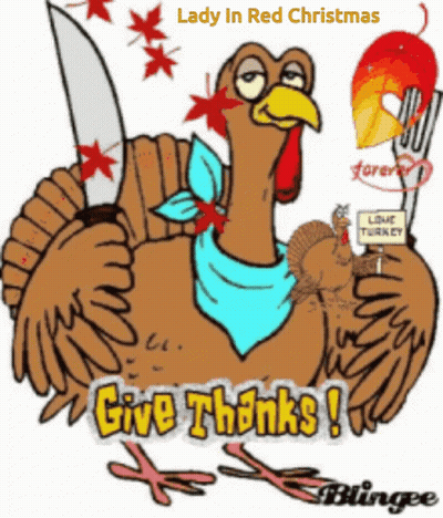 Cartoon Turkey Holding Knife And Fork Saying Give Thanks GIF