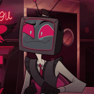 Cartoon TV Head With Red Eyes Standing In Front Of Sign Saying Gui GIF