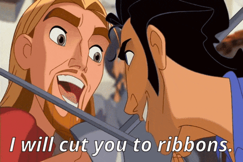 Cartoon Two Men With I Will Cut You To Ribbons GIF