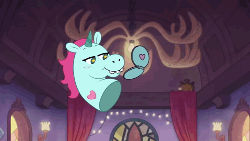 Cartoon Unicorn Holding Mirror In Its Mouth GIF