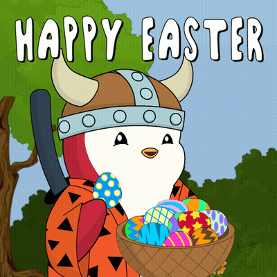 Cartoon Viking Holding Easter Egg And Basket Of Eggs GIF