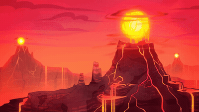 Cartoon Volcano With Lava and Sun