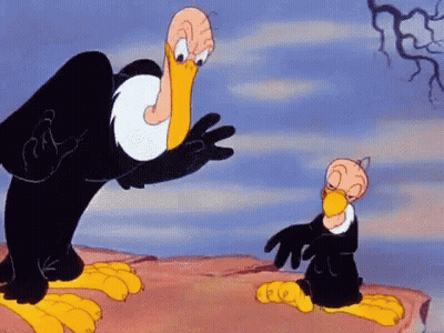 Cartoon Vulture Standing Next To Smaller Vulture On Cliff GIF