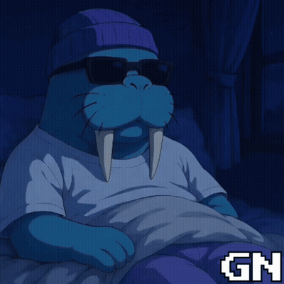 Cartoon Walrus In Sunglasses And Beanie Laying In Bed GIF