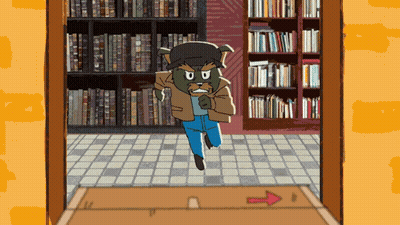 Cartoon Werewolf Running Through Library GIF