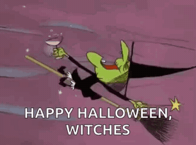 Cartoon Witch Flying On Broom Saying Happy Halloween Witches GIF
