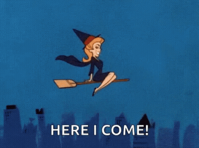Cartoon Witch Flying On Broomstick GIF