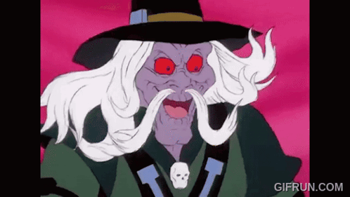 Cartoon Witch With Red Eyes And Mustache GIF