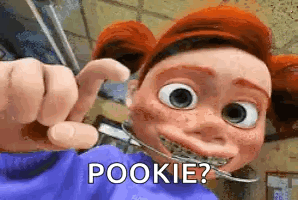 Cartoon With Braces Holding Scissors Saying Pookie GIF