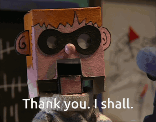 Cartoon With Cardboard Box Saying Thank You I Shall GIF