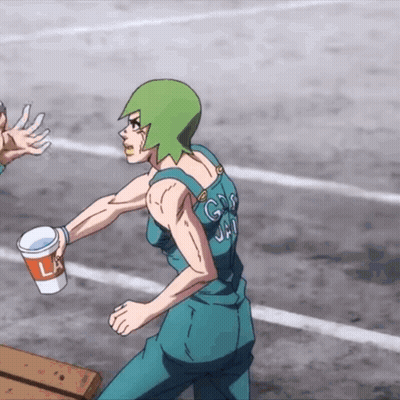 Cartoon With Green Hair Holding Cup Saying La GIF