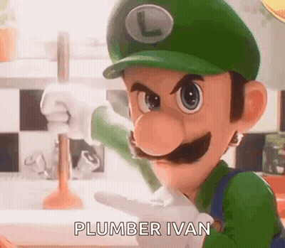 Cartoon With Green Hat And Mustache Holding Plunger Says Plumber Ivan GIF