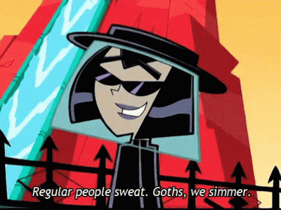 Cartoon With Hat And Sunglasses Says Regular People Sweat Goths We Simmer GIF
