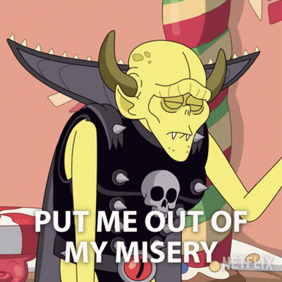 Cartoon With Horns And Skull Shirt Says Put Me Out Of My Misery GIF