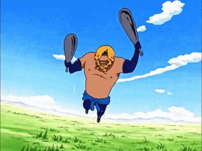 Cartoon With Leopard Print Head Jumping With Two Bats GIF