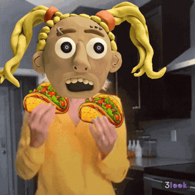 Cartoon With Pigtails Holding Two Tacos In Front Of 3Look Logo GIF