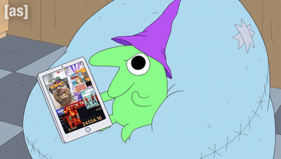 Cartoon With Purple Hat Holding Tablet Saying Stocks GIF