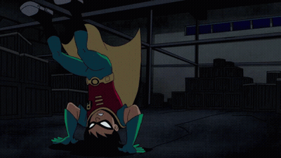 Cartoon With Red Star On Face Pointing At Robin GIF