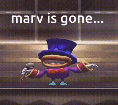 Cartoon With Top Hat Holding Microphone Says Marv Is Gone GIF