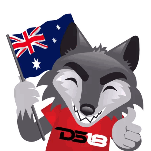Cartoon Wolf In Red Shirt Holding Australian Flag Sticker
