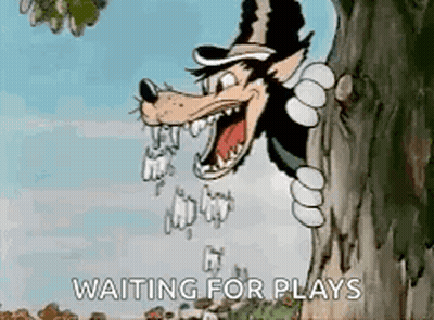 Cartoon Wolf Peeking From Tree Waiting For Plays GIF