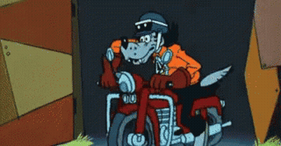 Cartoon Wolf Riding Red Motorcycle With Helmet GIF