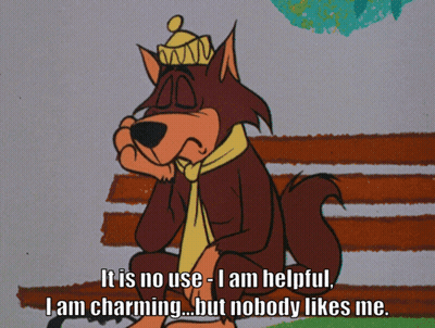 Cartoon Wolf Sitting On Bench Saying It Is No Use I Am Helpful GIF