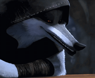 Cartoon Wolf With Hood And Orange Eyes Smiling GIF