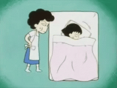 Cartoon Woman Beside Sleeping Child On Mattress GIF