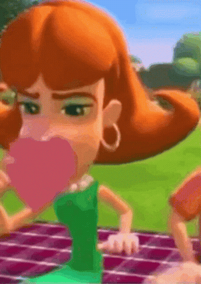 Cartoon Woman Blowing Pink Bubble GIF