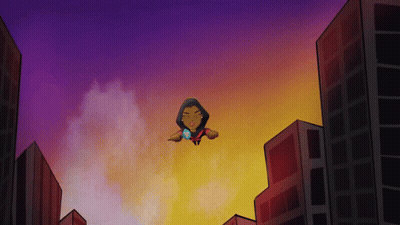Cartoon Woman Flying Through Air With Buildings GIF