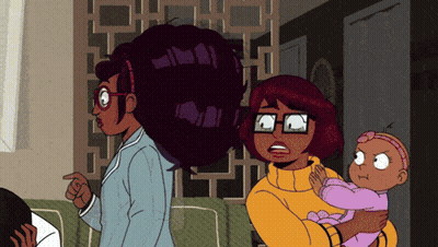 Cartoon Woman Holding Baby And Pointing GIF