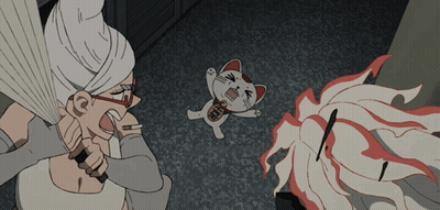 Cartoon Woman Holding Bat And Cat GIF