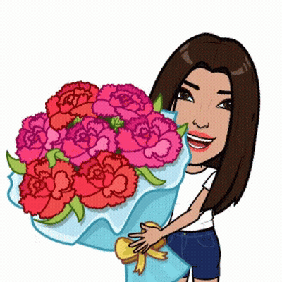 Cartoon Woman Holding Carnation Bouquet GIF