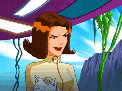 Cartoon Woman Holding Cat Purple Background GIF